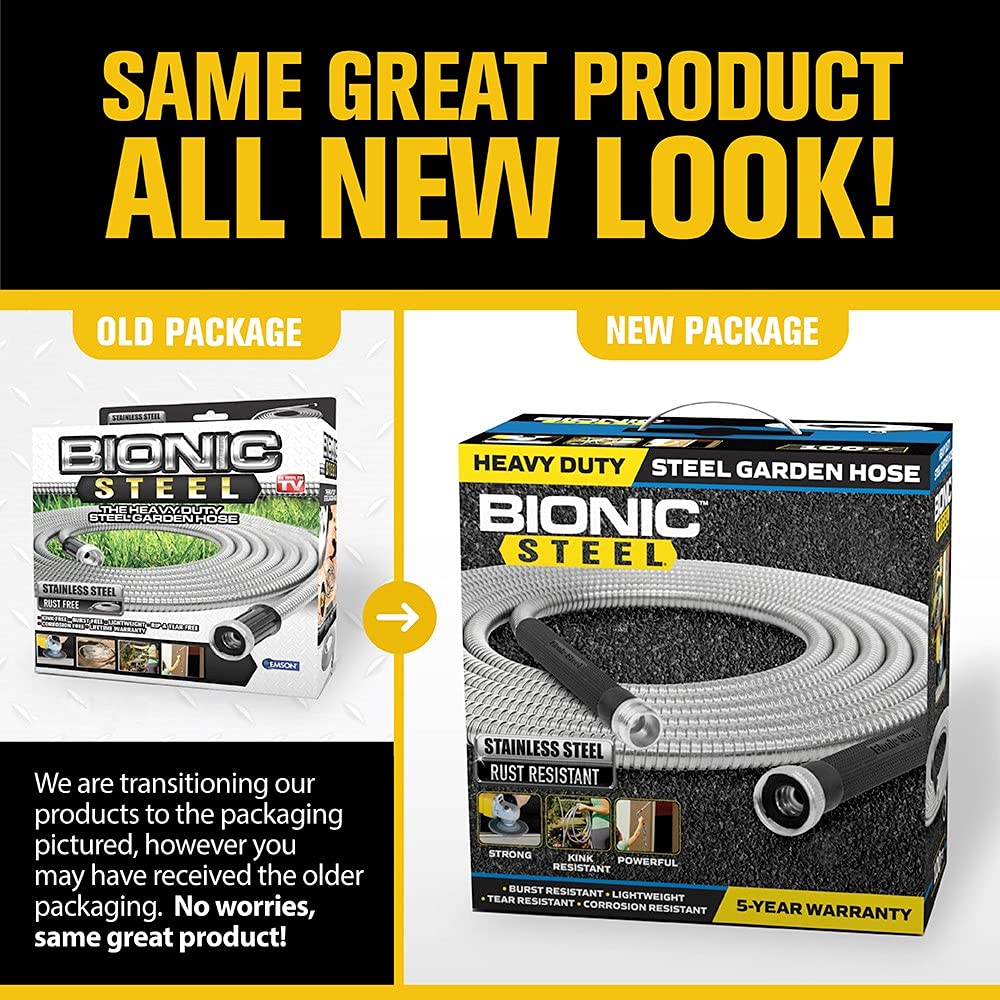 BIONIC STEEL 100 Ft Metal Garden Hose with Sprayer Nozzle, Non Kinking Designed Stainless Steel Heavy Duty Water Hose 100 Ft x 5/8 in. Flexible NON Expandable for Uninterrupted Water Flow, 500 PSI