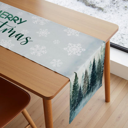 VIV CHERBL Christmas Table Runner with Snowy Forests, Merry Christmas Text & Snowflakes, Table Decoration for Dining Party and Home Decor,72x13 inches