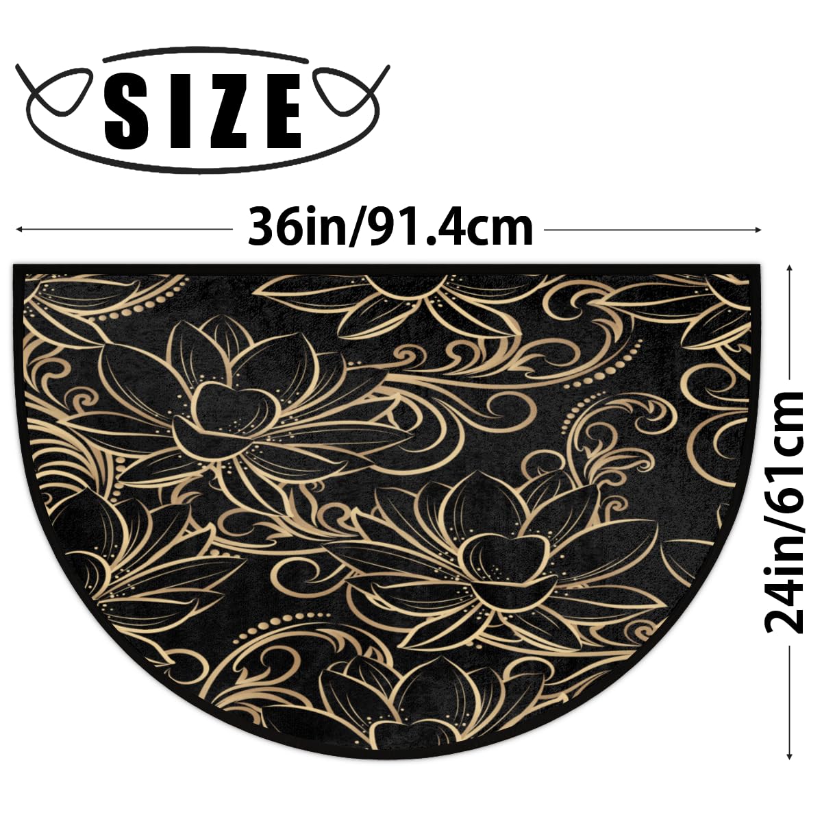 Aglebo Artistic Lotus Flower Half Round Door Mat Non-Slip Half Circle Area Rug 24" x 36" Decor Indoor Entrance Doormat Washable Welcome Mats for Home Bedroom Kitchen Living Room High Traffic Areas