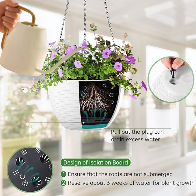 Set of 2 10 Inch Self Watering Hanging Planters for Indoor Outdoor Plants, Light Textured Hanging Baskets Flower Pots with Drainage Hole & Plug and 20" Chain Hanger