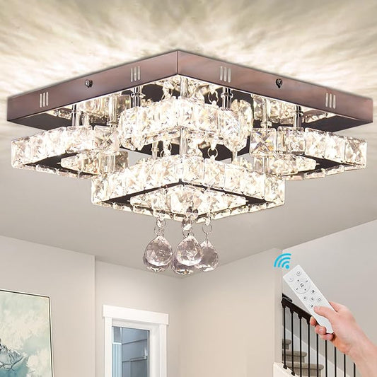 CXGLEAMING 11.8" Modern Crystal Chandelier LED Ceiling Light Fixture Suitable for Kitchen Corridor Hallway Bedroom Bathroom Dining Room 4 Petals/Raindrop Ball Square Remote Control/APP (dimmable)