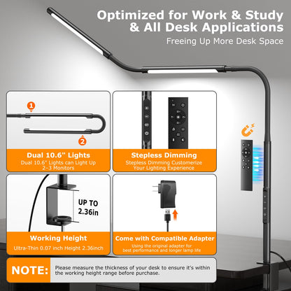 LED Desk Lamp for Office Home, Eye-Caring Desk Light with Stepless Dimming Adjustable Flexible Gooseneck, 10W USB Adapter Desk Lamp with Clamp for Reading, Study, Workbench (Black)