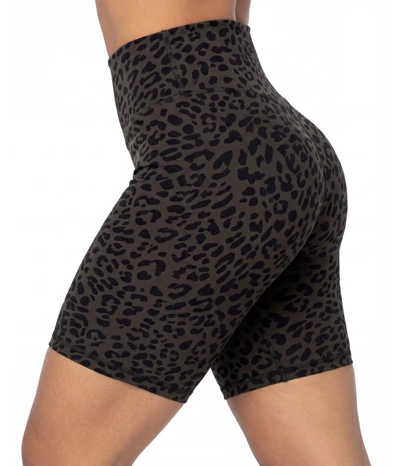 Sunzel 8" Waist Biker Shorts for Women No Front Seam Soft Yoga Workout Gym Bike Shorts Tummy Control Squat Proof Leopard Seal Brown X-Large
