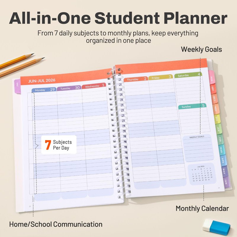 Student Planner 2026-2027, SUNEE Academic Weekly & Monthly Plan Book, Jul. 2026 - Jun. 2027, 6.5"×8.3" Middle & High School Planner, Lesson Plan Book with Week's Goals, Bookmark, Tabs, Mint Green