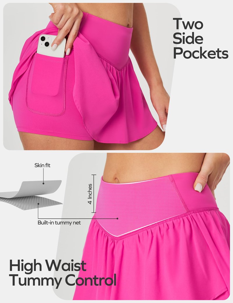 Ewedoos Womens Flowy Shorts with Pockets Tummy Control Athletic Shorts for Women Running Shorts Tennis Skirt Skort Hot Pink