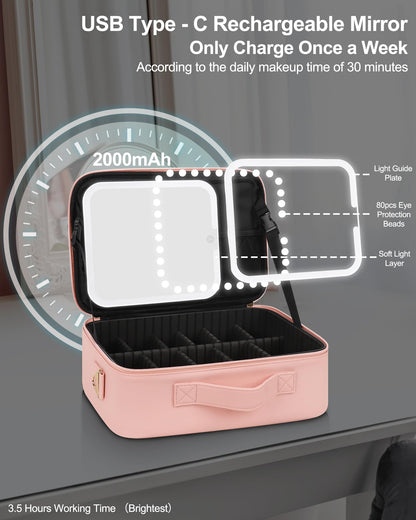 Relavel Travel Makeup Bag With LED Mirror, Cosmetic Train Case with Light up Mirror, Portable Makeup Artist Organizer Bag with Adjustable Dividers, Makeup Brush Holder Storage, Black