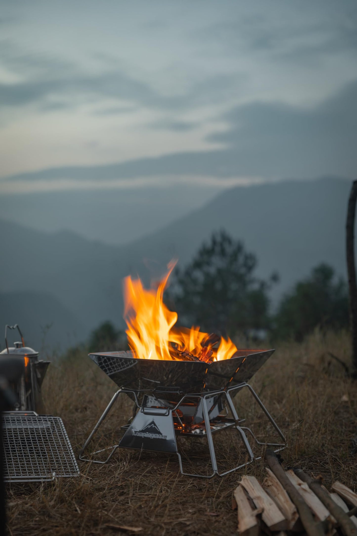 CAMPINGMOON Stainless Steel Foldable Camping Grills Portable Wood Burning Charcoal Grill 14-inch with Carrying Bag MT-2