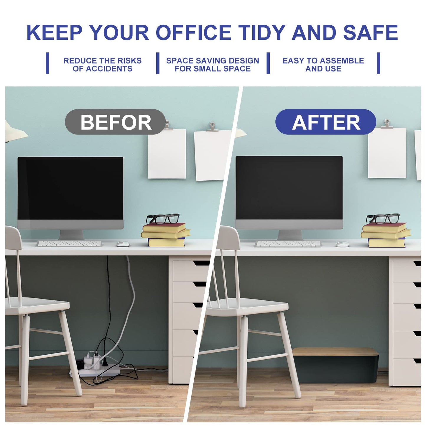 Cable Management Box - Wooden Style Large Cord Organizer to Hide Wires & Power Strips | Desk Computer Cable Organizer | Safe ABS Material | 16" (L) x 6.2" (W) 5.3" (H) | for Home & Office - Black