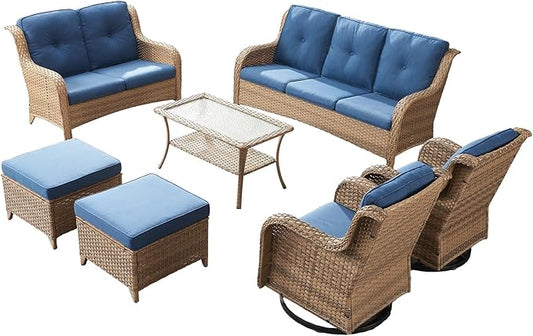 Rilyson Patio Furniture Swivel Chairs Set - 7 PC Wicker Rattan Outdoor Sectional Conversation Sets with 2 Rocking Chairs,2 Ottoman,1 Sofa,1 Loveseat and 1 Coffee Table for Porch Deck(Yellow/Blue)