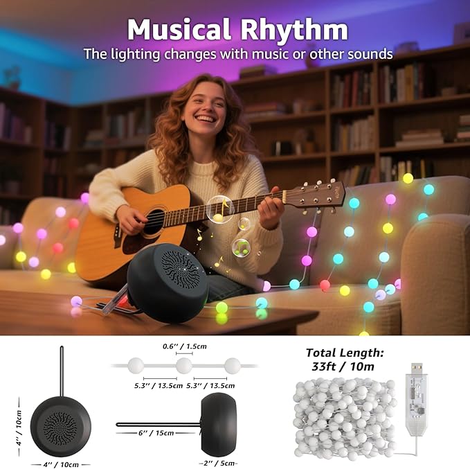uuffoo Outdoor String Lights with Portable Speaker, 33ft LED Outdoor Color Changing Fairy Lights with IP44 Water-Resistant Dual Pairing Mini Speaker for Patio, Outside, Party, Decorations
