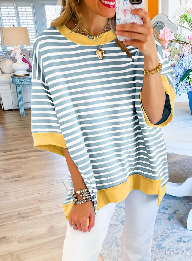 Casual Women's Striped Sweatshirt - Short Sleeve Crewneck Pullover T-Shirt | Loose Fit Blouse