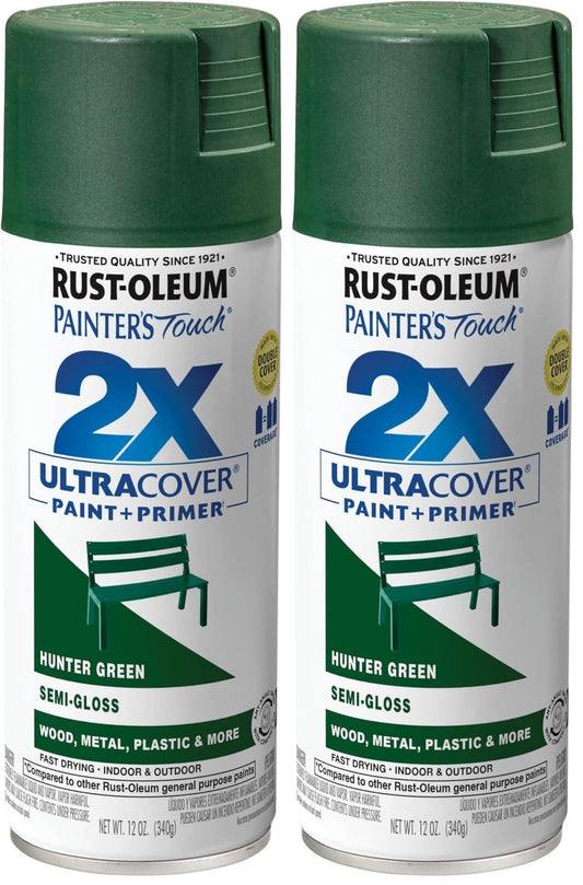 Rust-Oleum 249853 Painter's Touch 2X Ultra Cover Spray Paint, 12 oz, Semi-Gloss Hunter Green (Pack of 2)