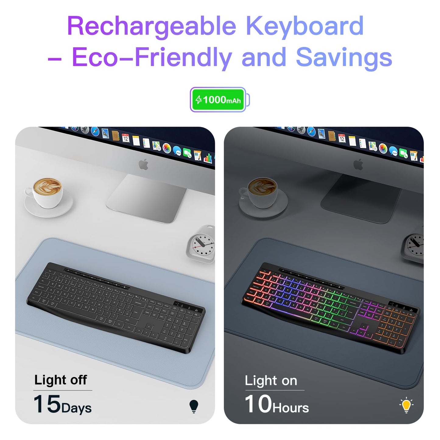 TECURS Wireless Keyboard QWERTY UK Layout, 2.4G Wireless Gaming Keyboard, LED Backlit, Ergonomic, Quiet, Rechargeable, Full Size Keyboard with Multimedia Keys for Computer/PC/Laptop/MAC/Windows