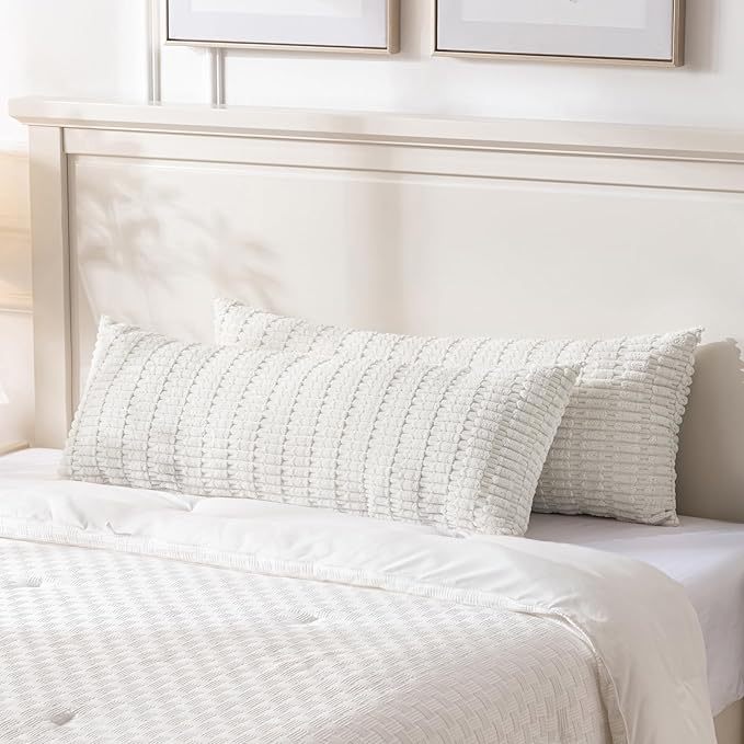 Fancy Homi Cream Boho Long Body Lumbar Decorative Throw Pillow Cover 20x54 Inch for Bed Couch Bedroom Bench, Soft Corduroy Rectangle Solid Pillow Case 50x137 cm, Rustic Farmhouse Room Decor
