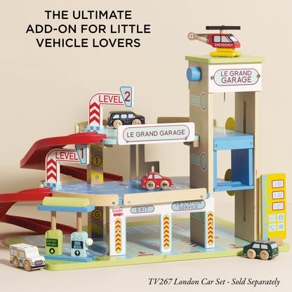 Le Toy Van - Iconic Wooden 3 Storey Le Grand Garage Toy Car Play Set - Set 7 Pieces | Play Vehicle Role Play Toys - Suitable For 3 Year Old +