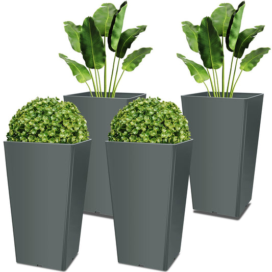 Yungyan Set of 4 Tall Outdoor Planters 20 Inches Tall Front Porch Planters Heavy Duty Flower Pot No Baskets Self Watering for Outdoor & Indoor (Grey)
