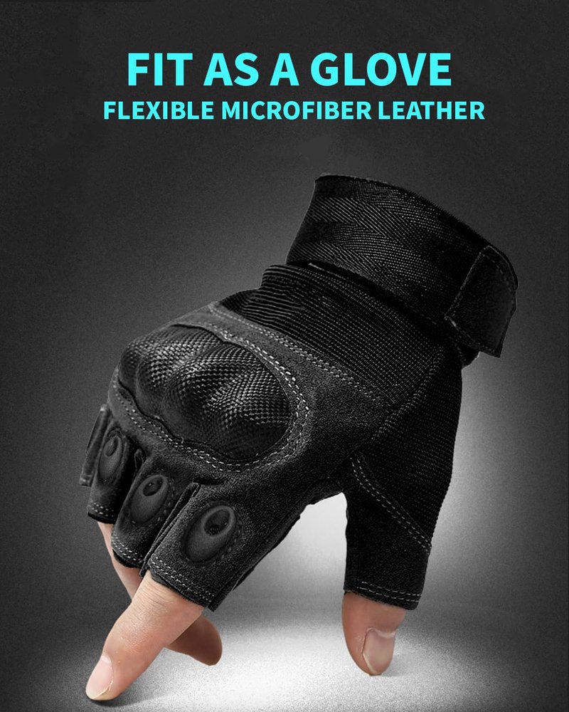 Liovoras Fingerless Tactical Gloves for Gym, Motorcycle Gloves Hard Shell Knuckle Protection Leather Palm, Workout Cycling Airsoft Shooting Hunting Hiking Driving