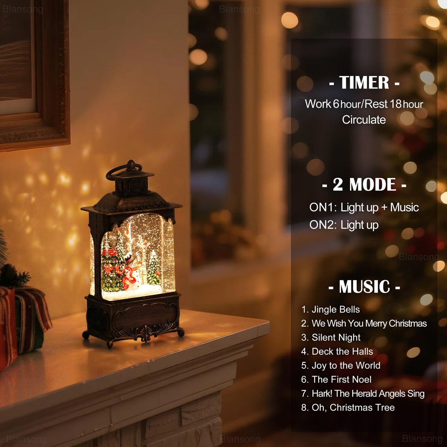 Blansong Snowman Snow Globe Lantern Christmas Decorations Gifts Auto Snowfall Glitter Music Collection Snowman Cardinal Birch Forest with 6H Timer USB/Battery Powered 10.2 inch