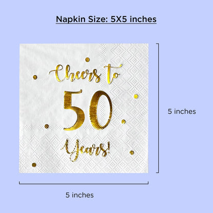 Cheers to 50 Years Cocktail Napkins | Happy 50th Birthday Decorations for Men and Women and Wedding Anniversary Party Decorations | 50-Pack 3-Ply Napkins | 5 x 5 inch folded (White)