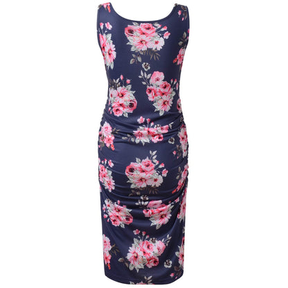 GINKANA Women Summer Sleeveless Maternity Dress Pregnancy Tank Scoop Neck Clothes Bodycon, Floral Navy Blue,M