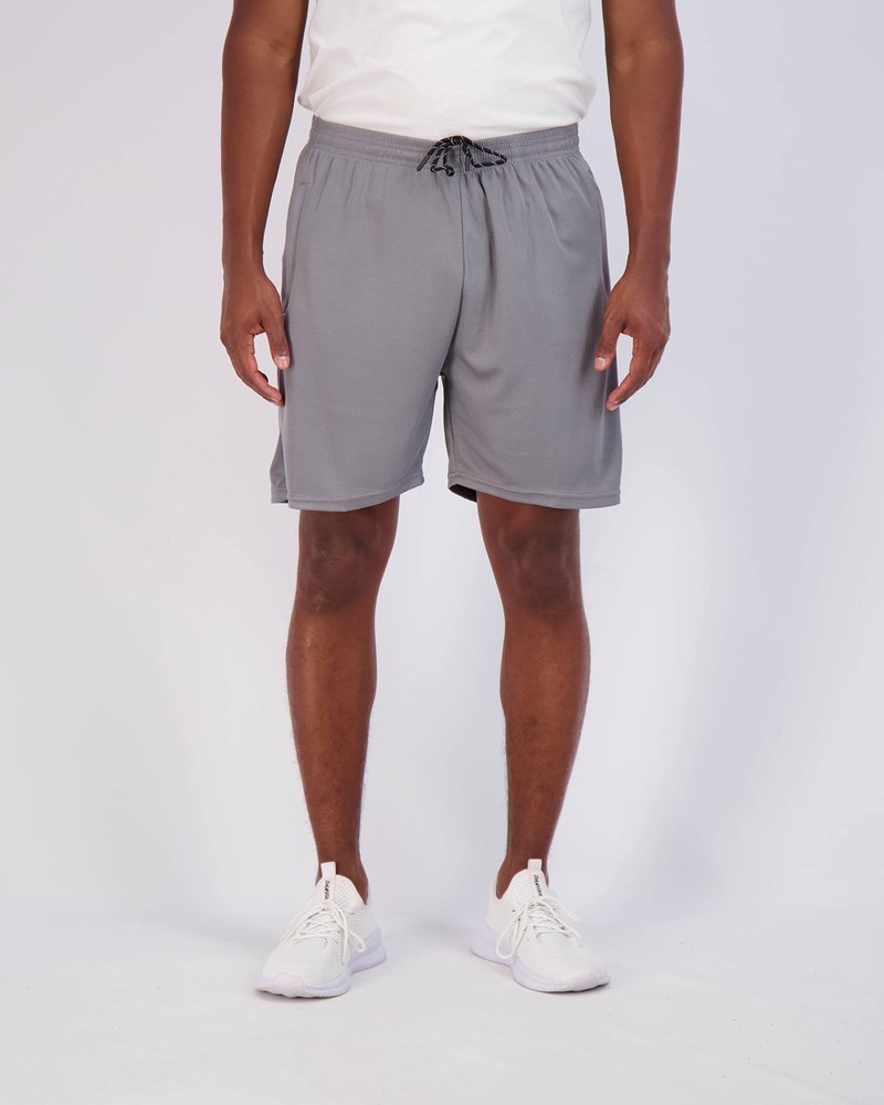 Real Essentials 4 Pack: Men's Mesh 7" Athletic Zipper Shorts Workout Gym Running Basketball (7 Inch Set 6, Black, Camo, Charcoal, Green - L - Standard)
