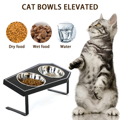 Cat Food Bowls Elevated, Gothic Cat Bowls, Raised Cat Bowls for Indoor Cats with Non-Slip Stand & Wood Board, Stainless Steel and Whisker Friendly Food Bowls