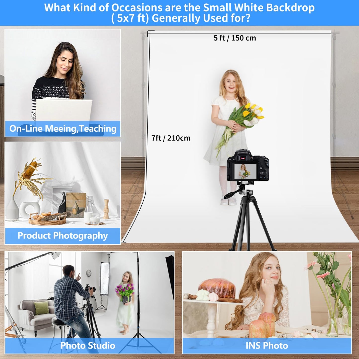 HEMMOTOP Photo Backdrop Curtains, 5x7 ft White Backdrop for Photoshoot, White Photography Seamless Backdrops Background for Easter, Birthday Party, Halloween, Photo, Projector Screen
