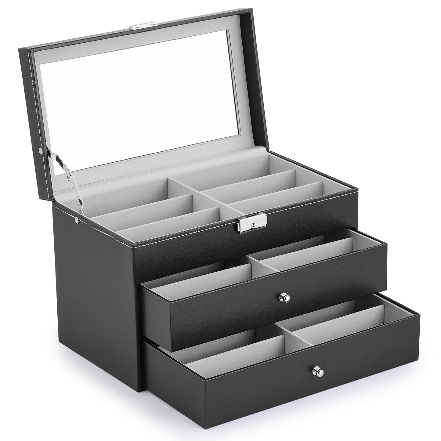 CO-Z 18 Compartment Sunglasses Organizer, Leather Eyeglasses Storage Box for Women Men, Lockable Eyewear Display Case with Drawer, Glasses Holder with 18 Slots for Watches Jewelry Collection, Black