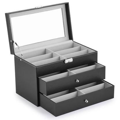 CO-Z 18 Compartment Sunglasses Organizer, Leather Eyeglasses Storage Box for Women Men, Lockable Eyewear Display Case with Drawer, Glasses Holder with 18 Slots for Watches Jewelry Collection, Black