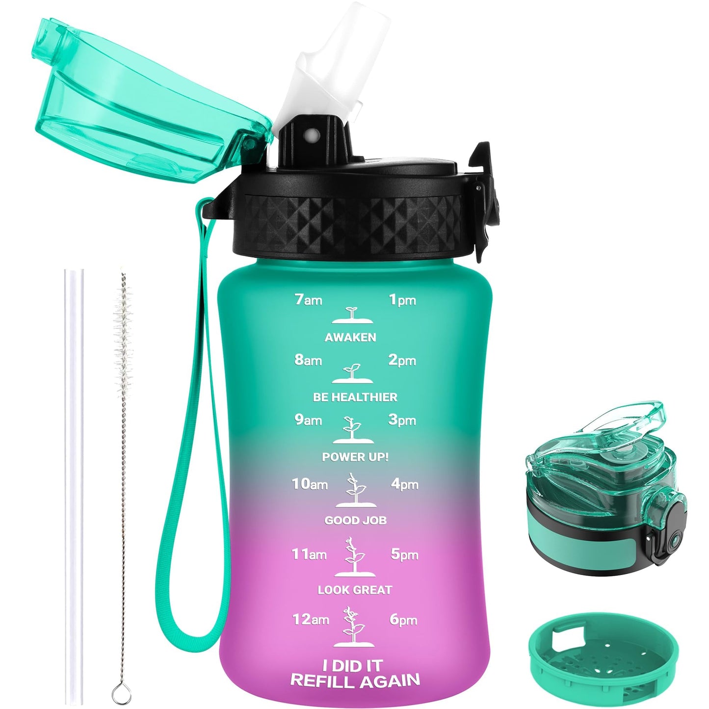 GOPPUS Kids Water Bottle with Straw Spout Lid 10pcs Stickers 12 oz Leak-proof BPA Free Motivational Time Marker Tritan Plastic Water Bottles for Girls Boys School Sports