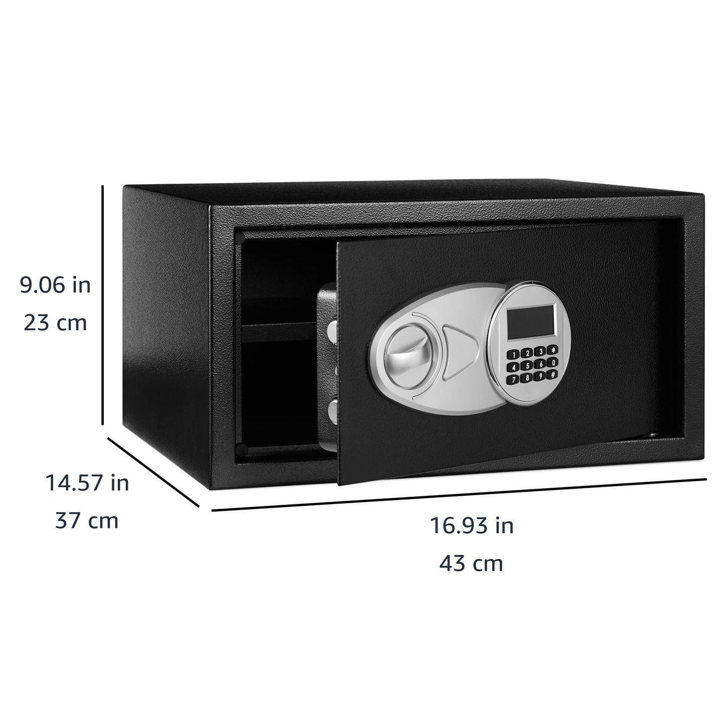 Amazon Basics Steel Security Safe and Lock Box with Programmable Electronic Keypad, for Valuables, Cash, Jewelry, Documents, Black, 1 Cubic Foot, 16.9-x-14.6-x-9.1-inches (WxDxH)