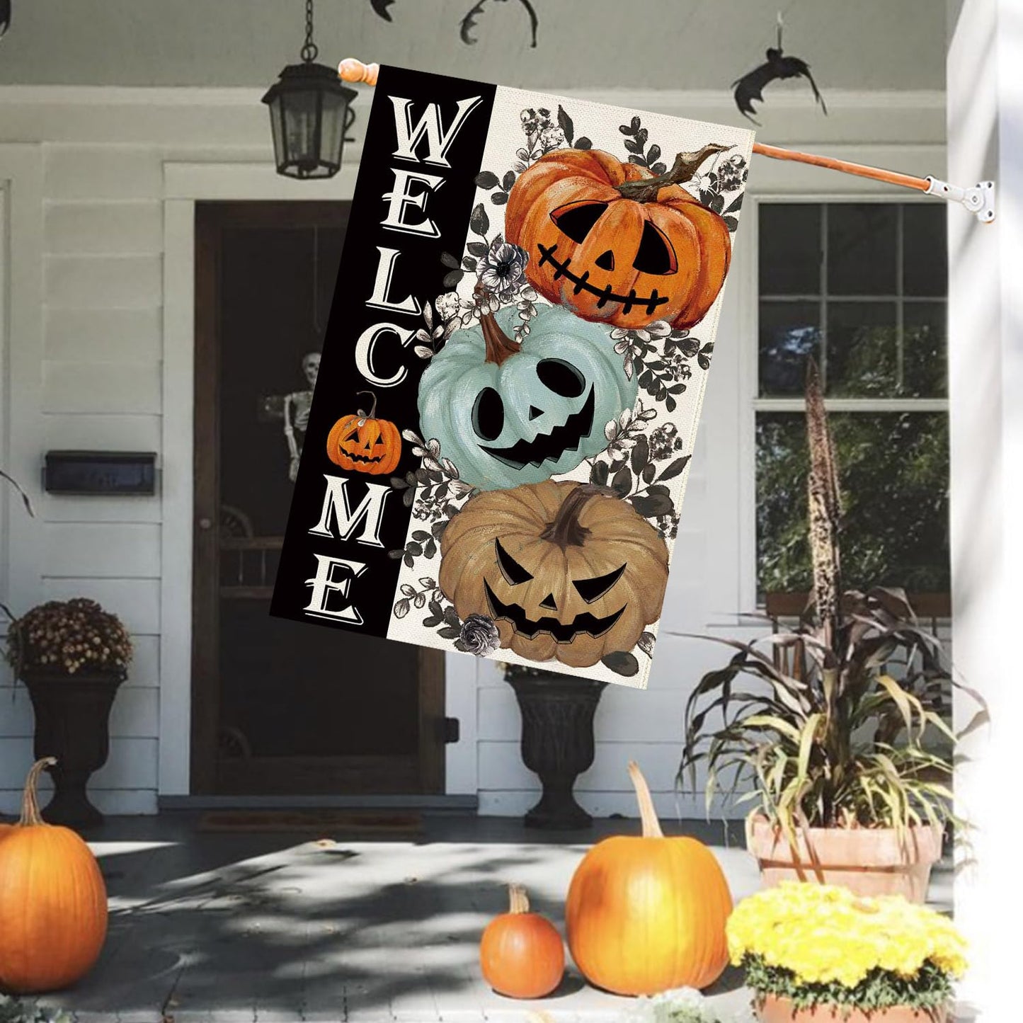 Baccessor Halloween House Flag 28 x 40 Inch Double Sided,Spooky Pumpkin Welcome Ghost Burlap Large Garden Flag Farmhouse Holiday Porch Patio Outdoor Outside Decoration