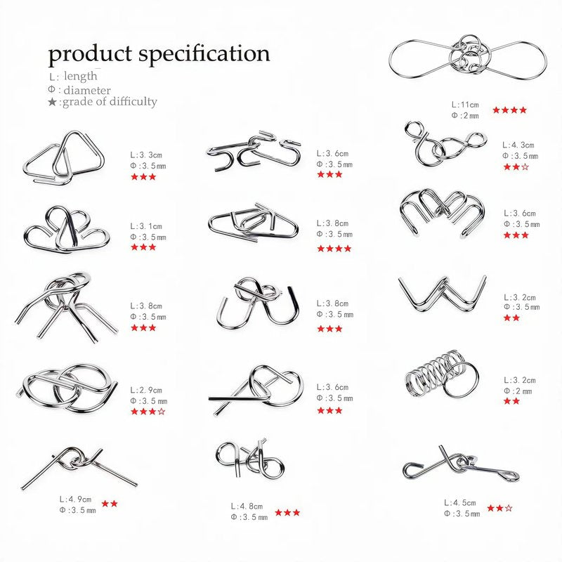 GEKELI Metal Wire Puzzle Set of 24 with Pouch,Brain Teaser IQ Test Disentanglemen Iron Link Unlock Interlock Game Chinese Ring Magic Trick Toy for Party Favor Kids Adults Challenge