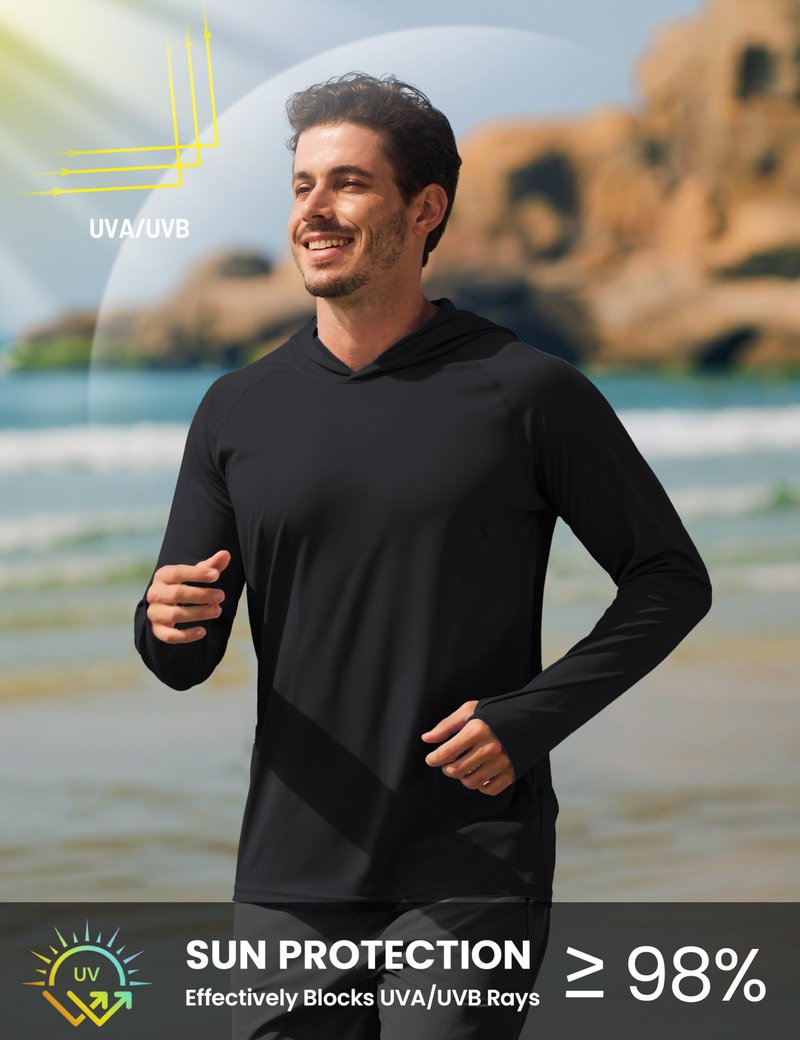 TACVASEN Long Sleeve Shirts for Men Lightweight Hoodie Men Dry Fit Active Hooded Shirts Sun Protection Hoodies SPF Tee Black L