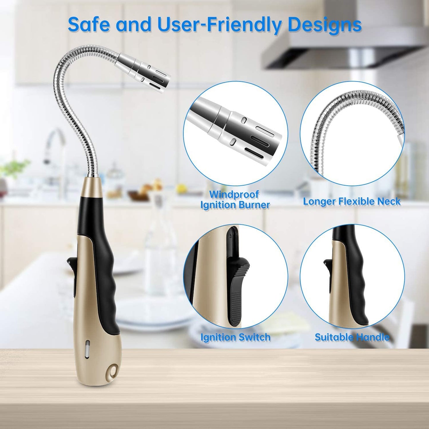 Butane Lighter Torch Long Jet Flame Windproof Lighter with Visual Fuel Window for Fireplace Kitchen Grill BBQ Camping, Gold (No Butane Included)