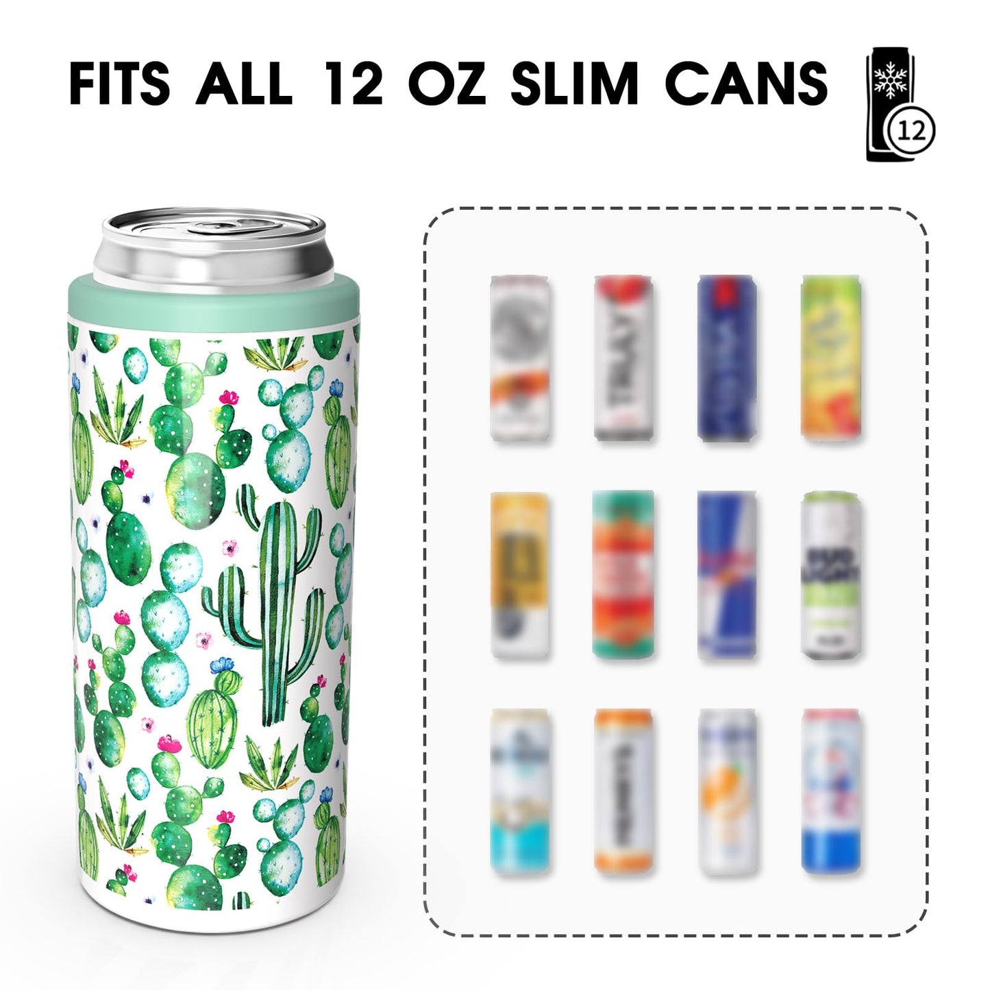 TILUCK Skinny Can Cooler for Slim Beer & Hard Seltzer, Stainless Steel, Doucle-Walled Stainless Steel Insulated Slim Cans, Standard 12 oz (Cactus)
