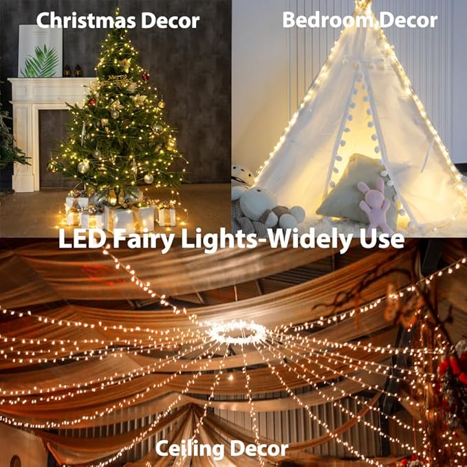 Long Warm White 525Ft Plug in Fairy Lights Silver Wire 1600LEDs, 8 Modes, Waterproof, Remote - Controlled for Bedroom, Garden, Party, Christmas, Wedding & Birthday Decor, Indoor & Outdoor Use