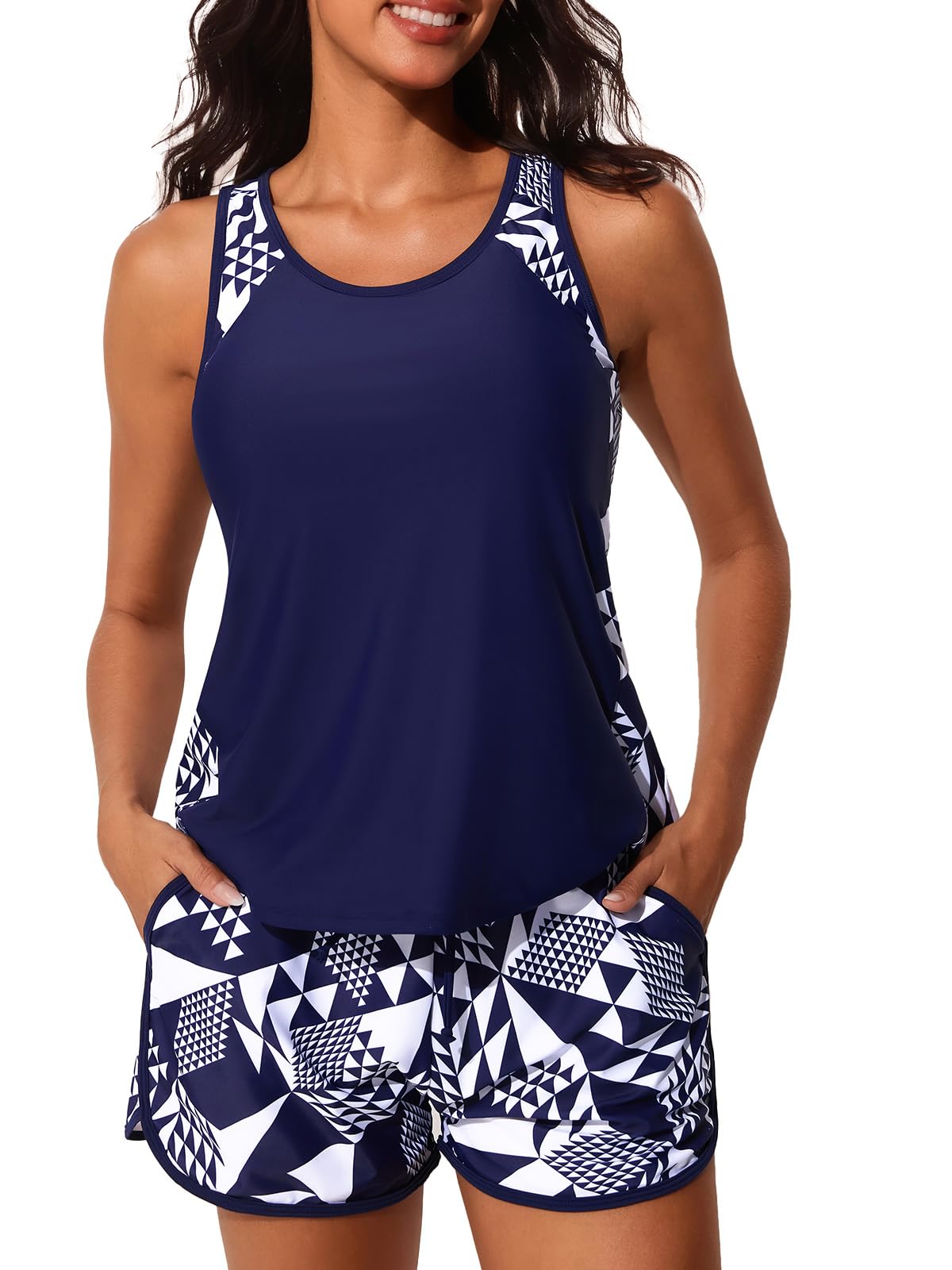 Summer Mae Plus Size Tankini Swimsuits for Women 2026 Tummy Control Two Piece Bathing Suits with Pockets Swim Shorts Cube Size 22 Plus