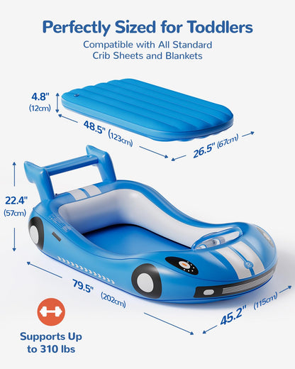 QPAU Inflatable Toddler Travel Bed with 4-Sided Safety Bumpers, Portable Kids Air Mattress for Camping, Travel, Home & Hotel, Lightweight & Compact Design - Hand Pump Included (Blue)