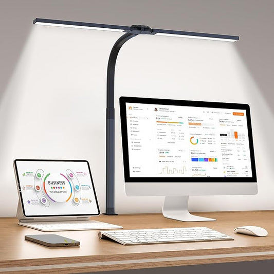 LED Desk Lamp for Home Office, Eye-Caring Desk Light with Clamp, 24W Double Head Architect Task Lamp Stepless Dimming, Flexible Gooseneck Bright Table Lamp for Study Reading Workbench Drafting