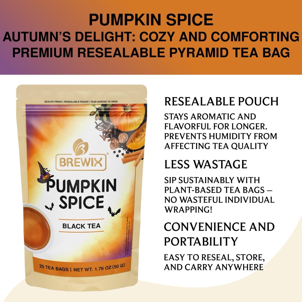 BREWIX, Pumpkin Spice Black Tea Bags (25 Pyramid Bags) | Cozy Fall Blend with Cinnamon, Ginger, Nutmeg & Clove | Caffeinated, Warm & Aromatic | Perfect for Autumn & Halloween