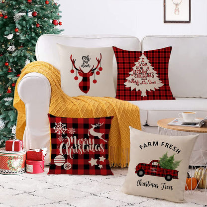 Set Of 4 Christmas Decorative Throw Pillow Covers Christmas Holiday Xmas Square Linen Cushion Covers Merry Christmas Trees Red Truck Snowflakes Deer Outdoor Couch Sofa Home Pillow Cases 18x18 Inch