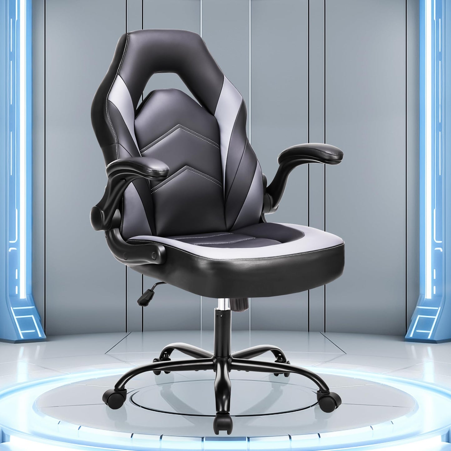 OLIXIS Big and Tall Office Desk Leather Gaming Computer Chair with Adjustable Swivel Task and Flip-up Arms for Adults, Teens, Grey