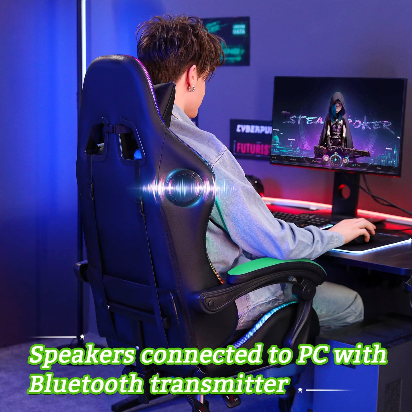Gaming Chair Massage with Bluetooth Speakers and Lights Ergonomic Computer Game Chair with Footrest LED RGB Lights High Back Music Video Game Chair with Lumbar Support Green and Black