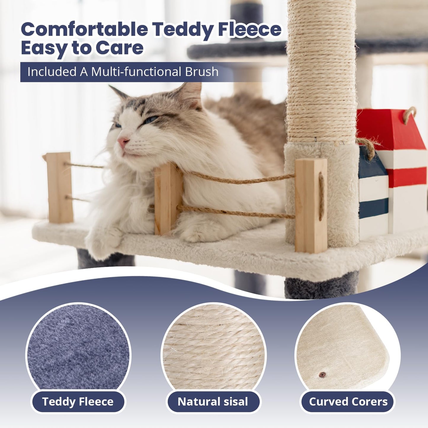 HYABi 43.5-Inch Novelty House Seagull Buoy Collapsible Cat Tree Tower Condo Bed Furniture Plush Ball Toy Fish Platforms Multi-Level with Scratching Posts Play for Indoor Cats