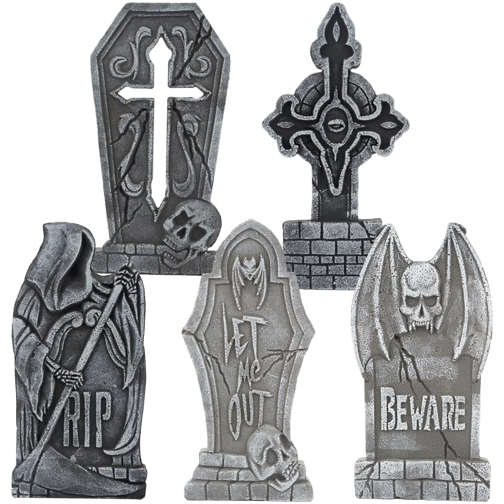 JOYIN 17" Halloween Decorations Outdoor Tombstones, 5 Pack Halloween Graveyard Foam Headstones Decor with 12 Metal Stakes for Prop Cemetery Yard Lawn Decorations, Party Supplies