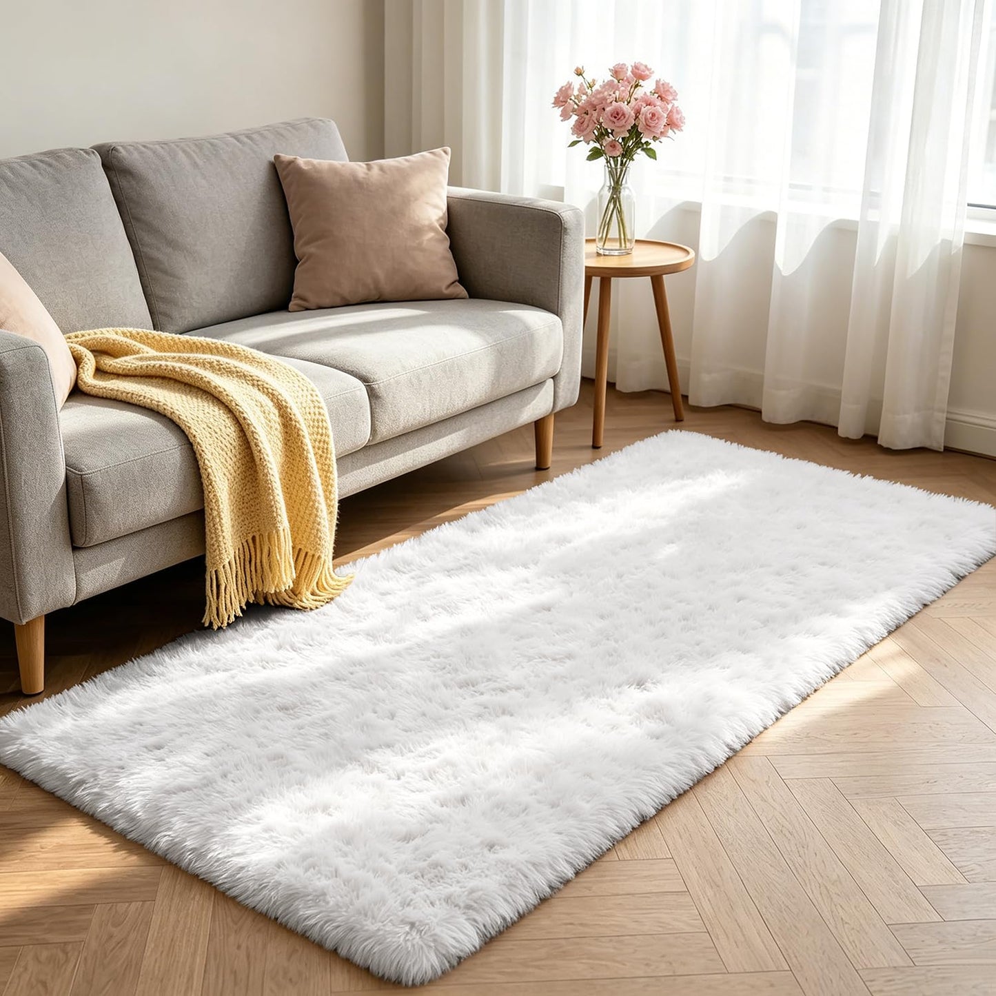 Shag Runner Rug for Bedroom Living Room 2x6 Upgrade Non-Slip Fluffy Soft Bedside Rugs,White Shaggy Carpet for Kids Girls Boys Dorm Nursery Home Decor Aesthetic