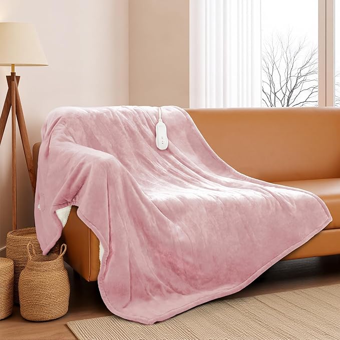 Heated Blanket Throw 50"x60", ETL & FCC Certified Electric Blanket with 3-Hour Timer Auto-Off & 5 Heating Levels, Overheat Protection, Machine Washable - Pale Pink