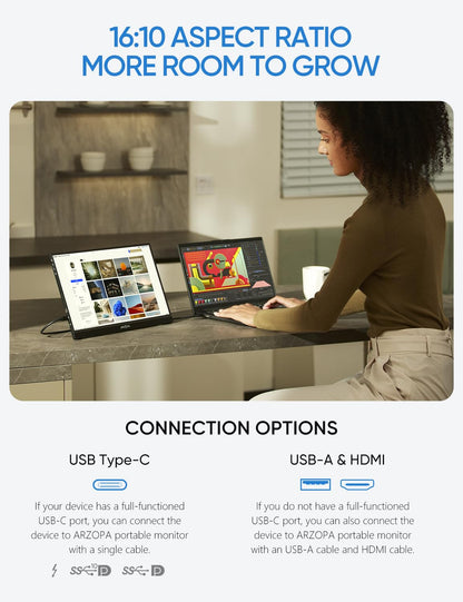 ARZOPA 2.5K Portable Monitor, 16 Inch 2560x1600 HDR 500nits 8bit QHD USB-C HDMI Laptop Monitor, 16:10 IPS Eye Care External Second Screen for Mac PC Phone PS4/5 Xbox (Z1RC)
