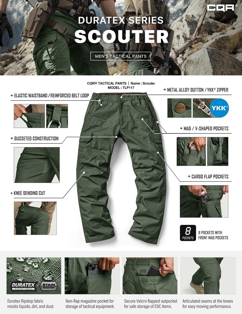 CQR Men's Tactical Pants, Water Resistant Ripstop Cargo Pants, Lightweight EDC Work Hiking Pants, Outdoor Apparel, Raider Green Kelp, 44W x 32L